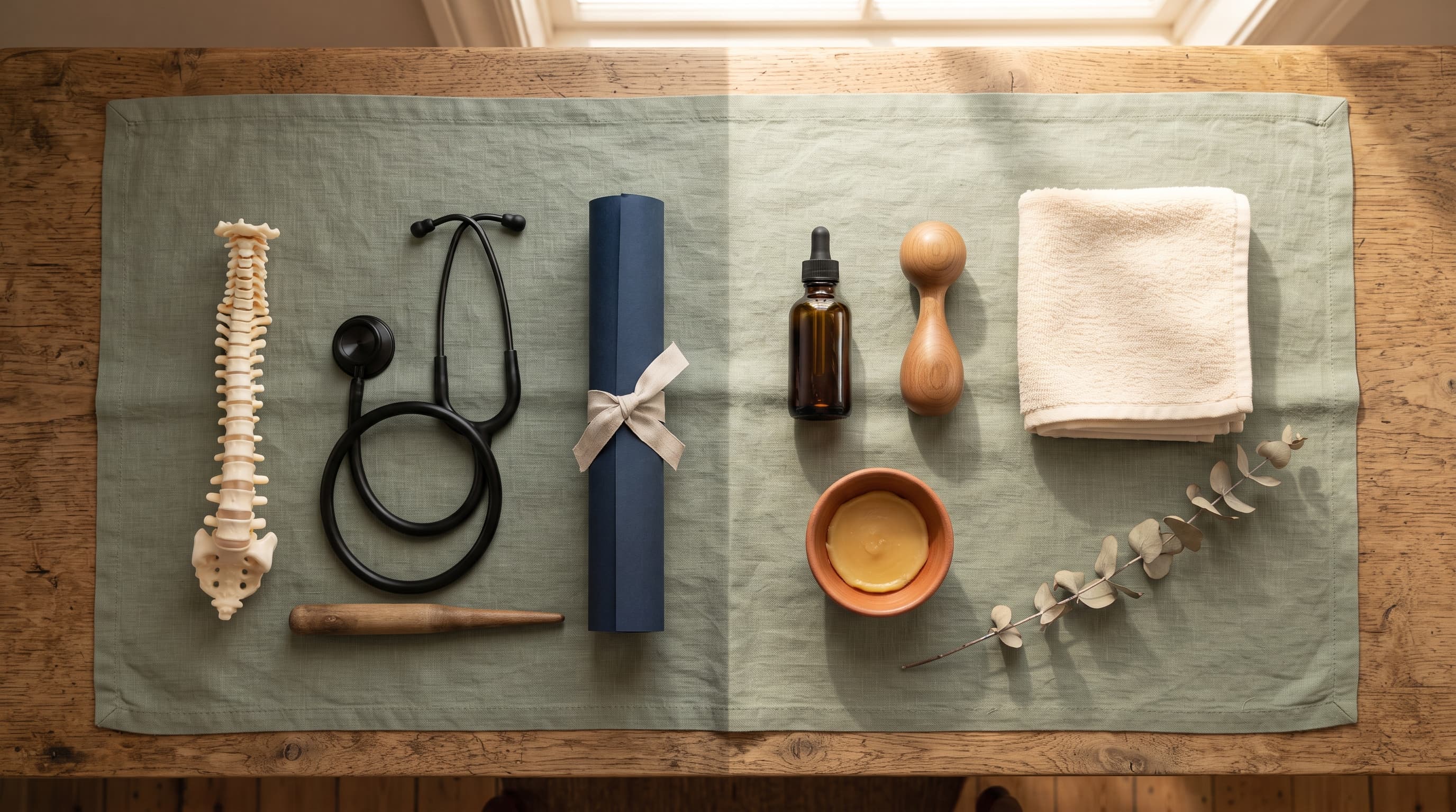 An overhead flat-lay comparing chiropractic tools (spine model, stethoscope) with remedial massage tools (oil bottle, wooden thumb-tool, cream towel) on a sage-green linen cloth.