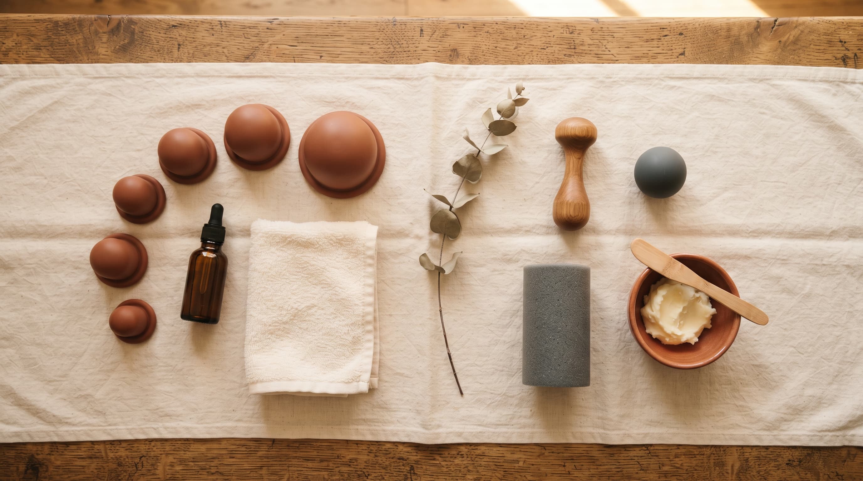 An overhead flat-lay comparing silicone cupping cups arranged in a curve with deep-tissue tools — a wooden thumb-tool, a silicone therapy ball, foam roller and massage butter — on a warm cream linen cloth.