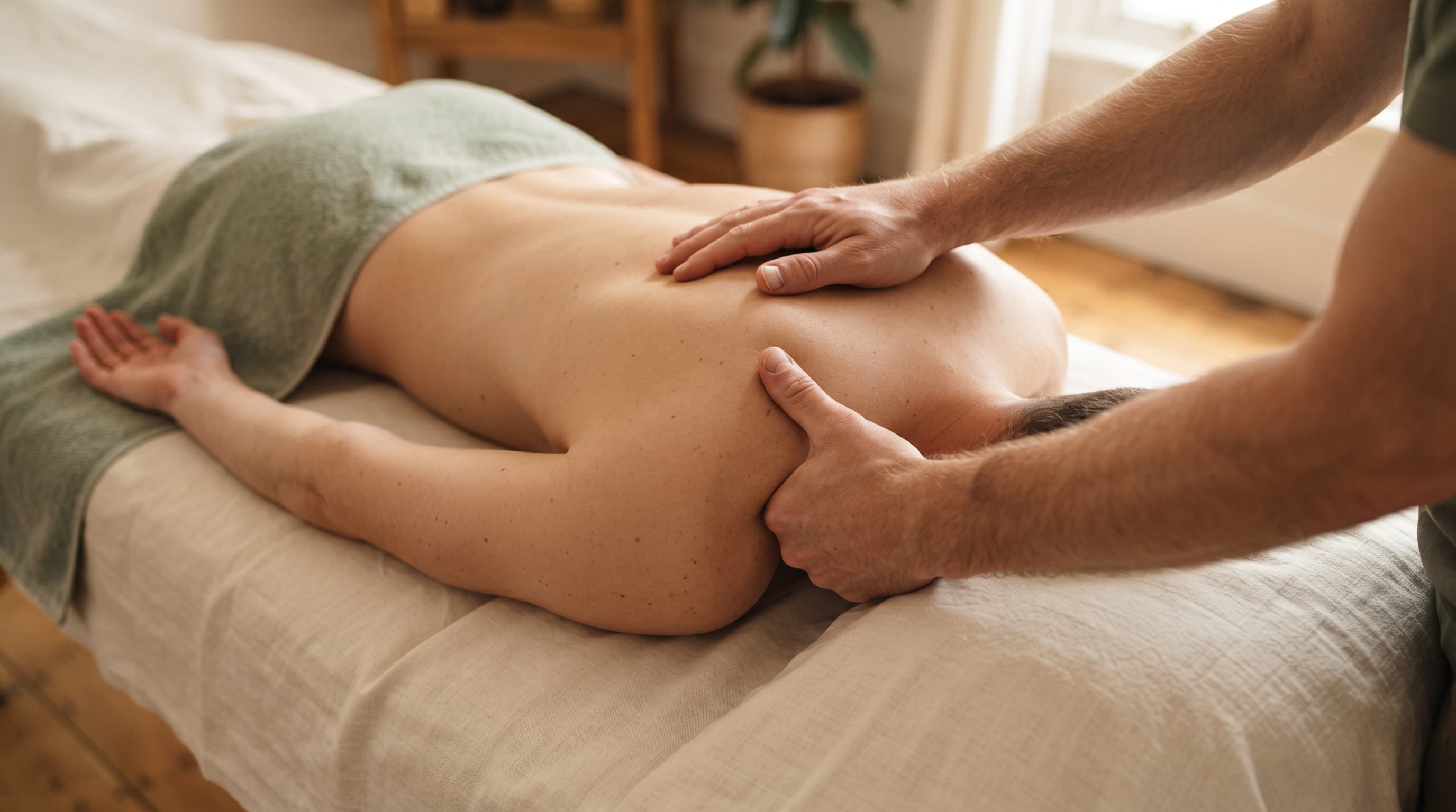 A close-up of a therapist's hands gently mobilising a client's shoulder blade on a massage table with warm afternoon light.