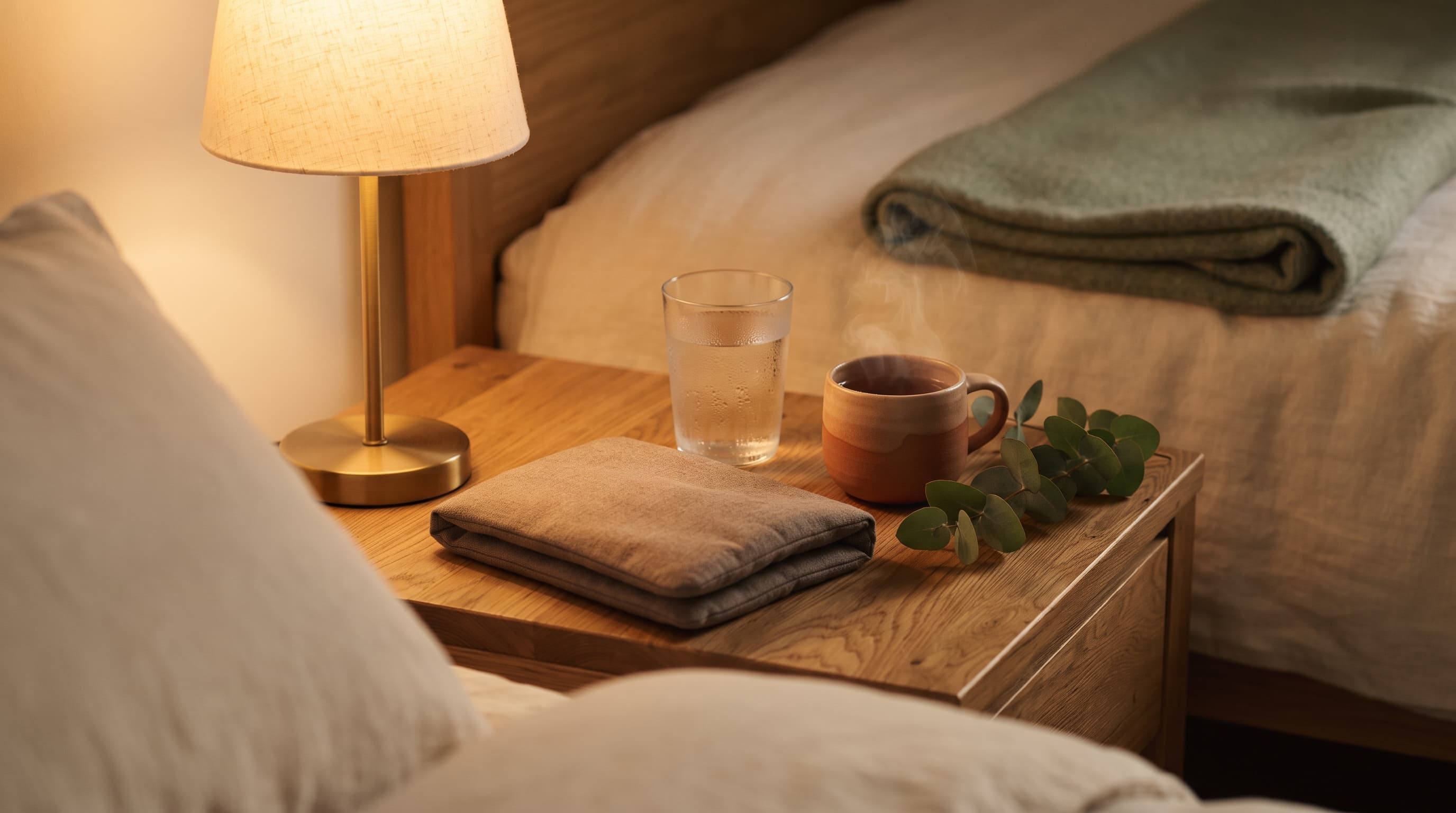 A cozy bedside table in warm evening lamplight with a folded heat pack, a glass of water, a mug of herbal tea steaming and a sprig of eucalyptus — aftercare for post-massage soreness.