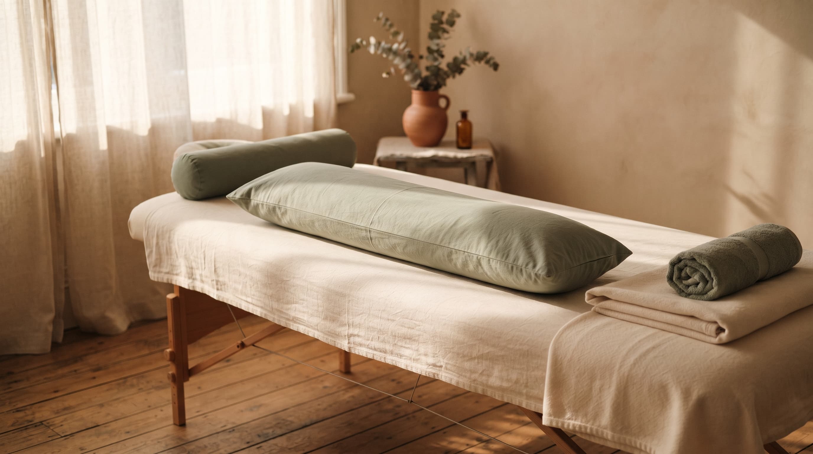 An empty pregnancy massage setup: a massage table with cream linen sheets, a body-length bolster cushion and supporting pillows arranged for a side-lying pregnancy session.