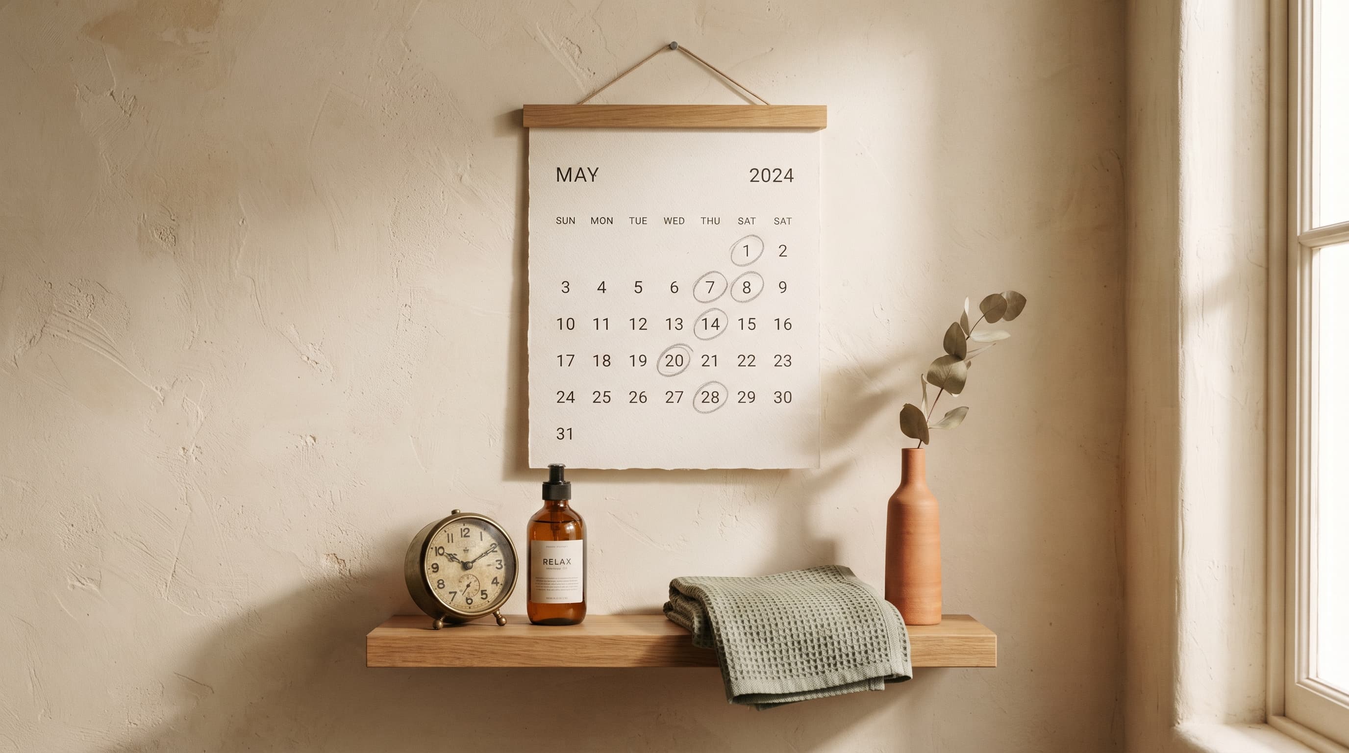 A minimalist paper wall calendar with fortnightly appointments circled in soft pencil, a small brass clock, a bottle of massage oil and a sprig of eucalyptus on a warm oak shelf.