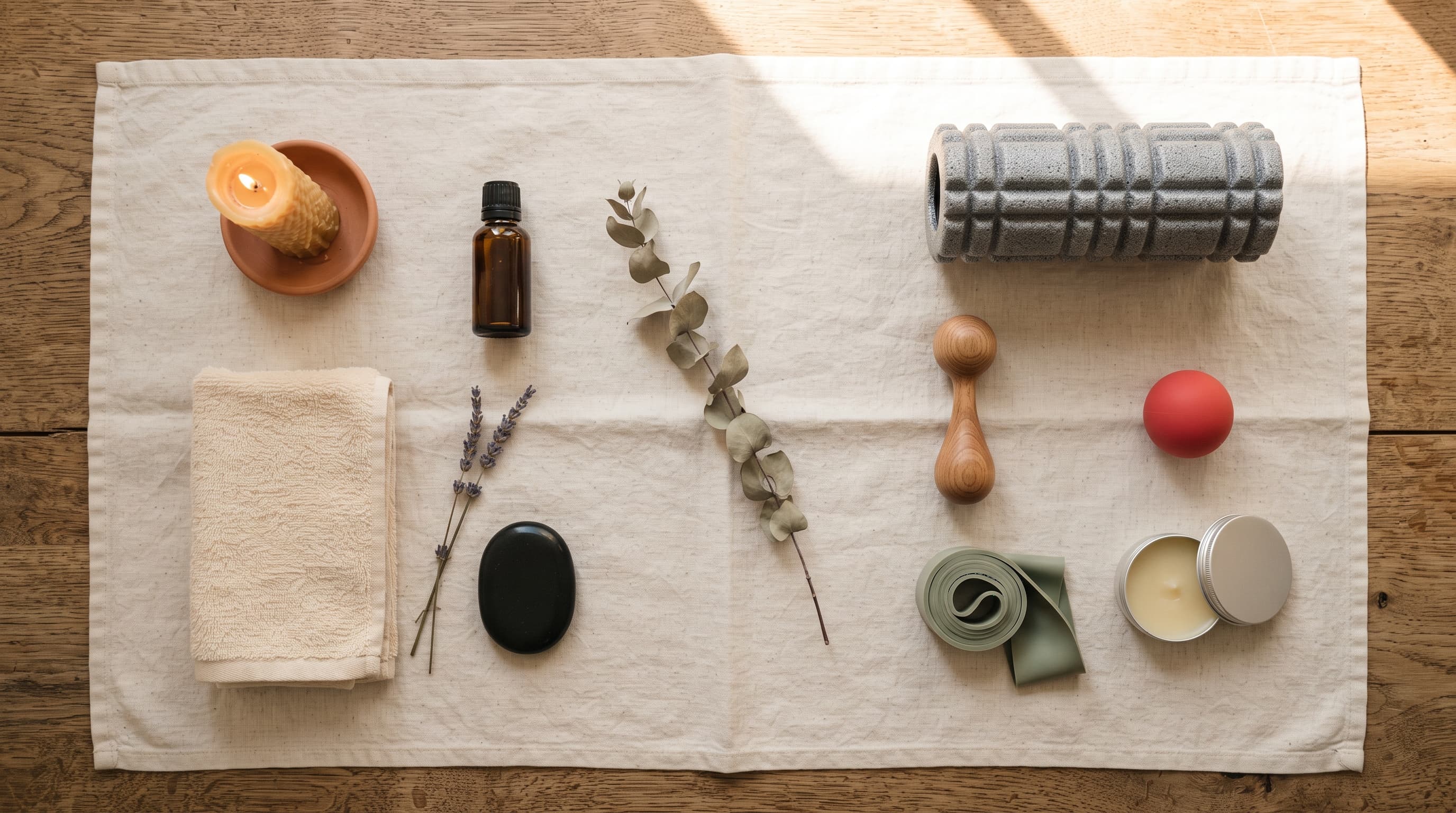 An overhead flat-lay comparing relaxation tools (candle, oil bottle, basalt stone, dried lavender) with remedial tools (foam roller, trigger ball, resistance band, massage cream) on a cream linen cloth.