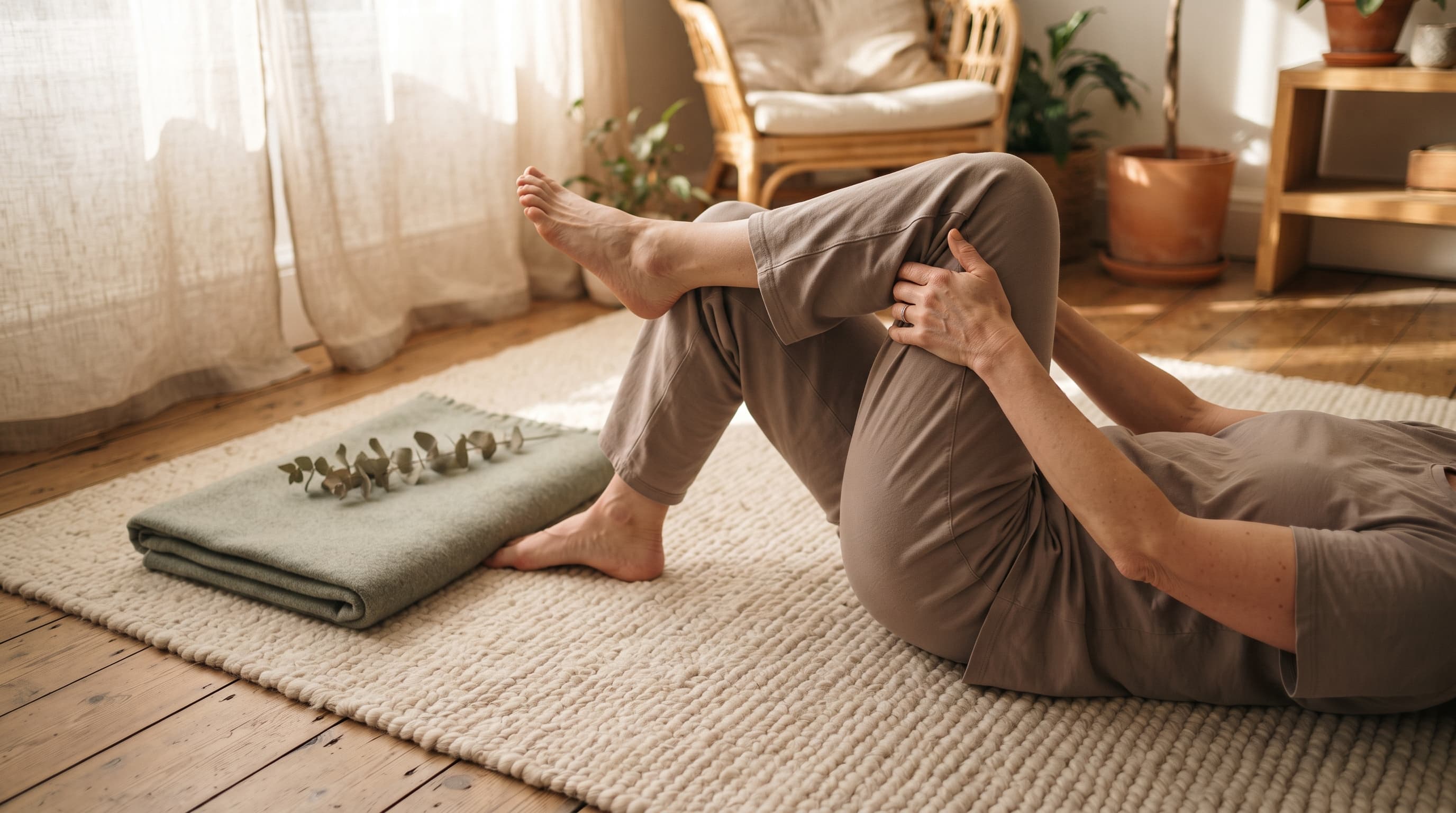 An overhead view of a person lying on a wool rug performing a gentle supine piriformis stretch in warm morning light — a simple at-home mobility for sciatic-type tension.