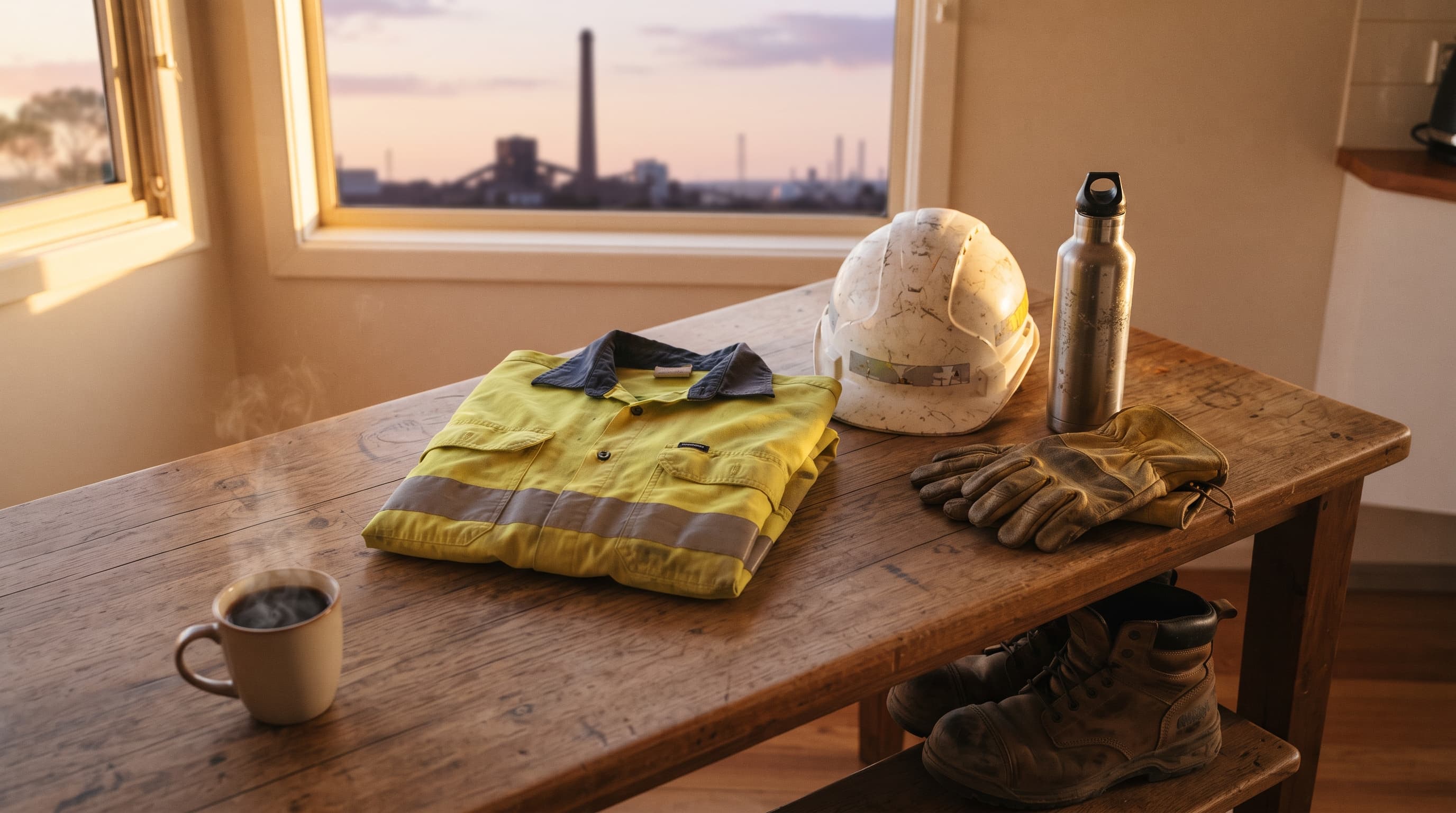 An Australian shift worker's gear laid out on a rustic oak table at dawn — hi-vis shirt, hardhat, water bottle, work gloves and boots — with a Port Pirie industrial skyline in soft focus through the window.