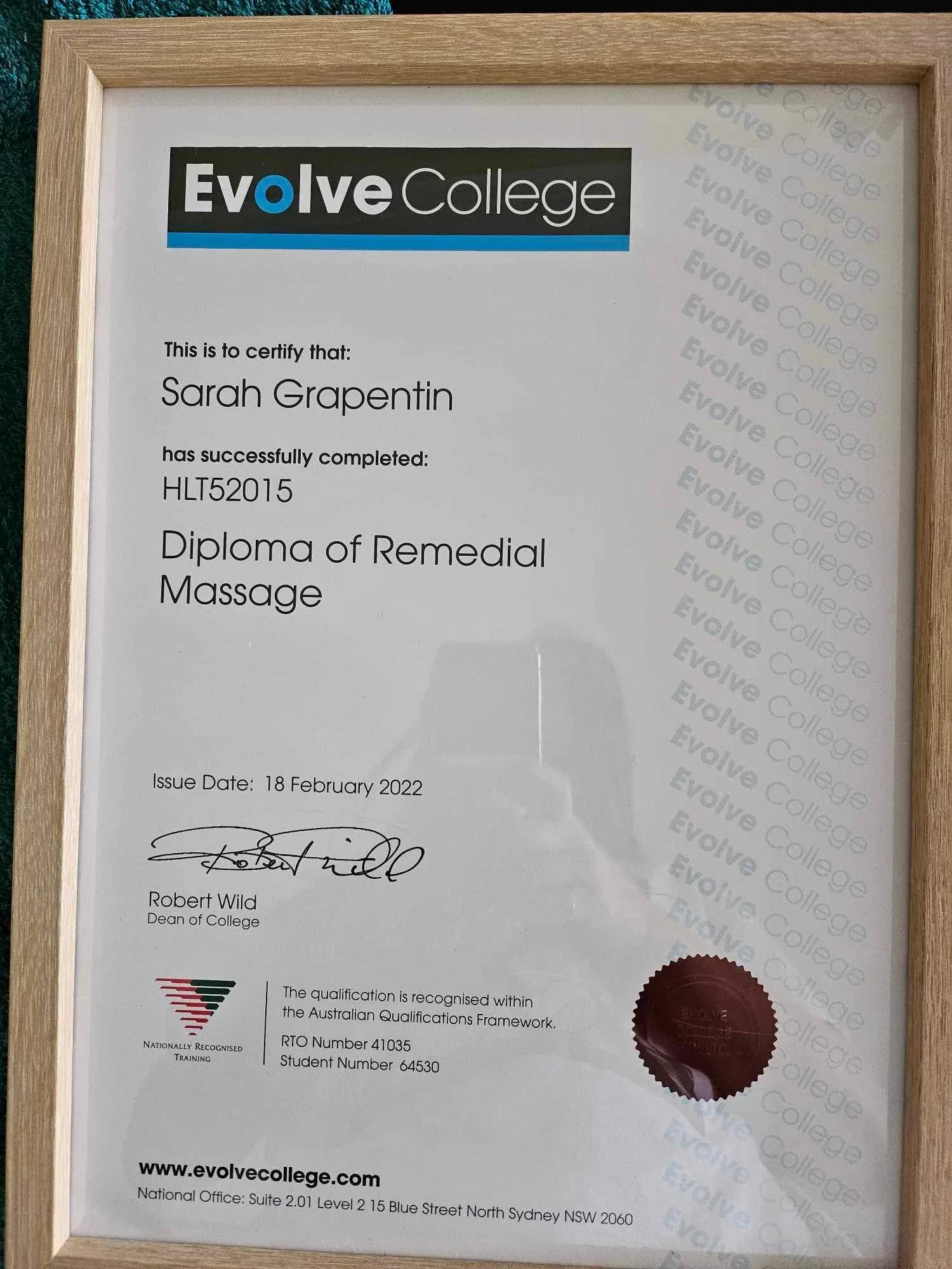 Framed Evolve College Diploma of Remedial Massage certificate awarded to Sarah Grapentin