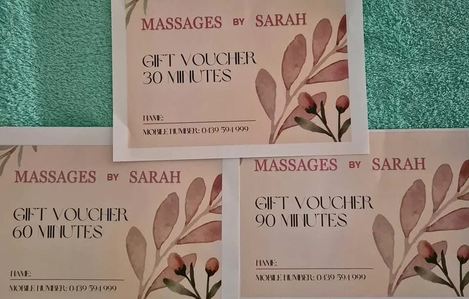 Massages By Sarah gift vouchers — 30, 60 and 90 minute presentation cards